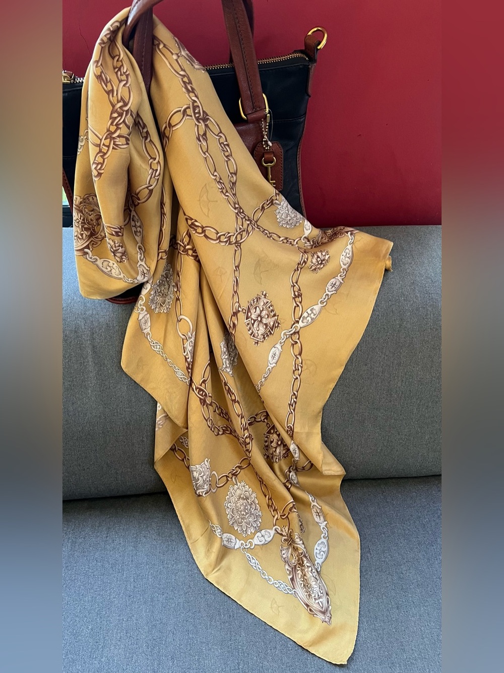 Arnold Palmer Italy Silk Twill Chain Print Scarf Mustard Yellow Sq34” Luxury VTG
